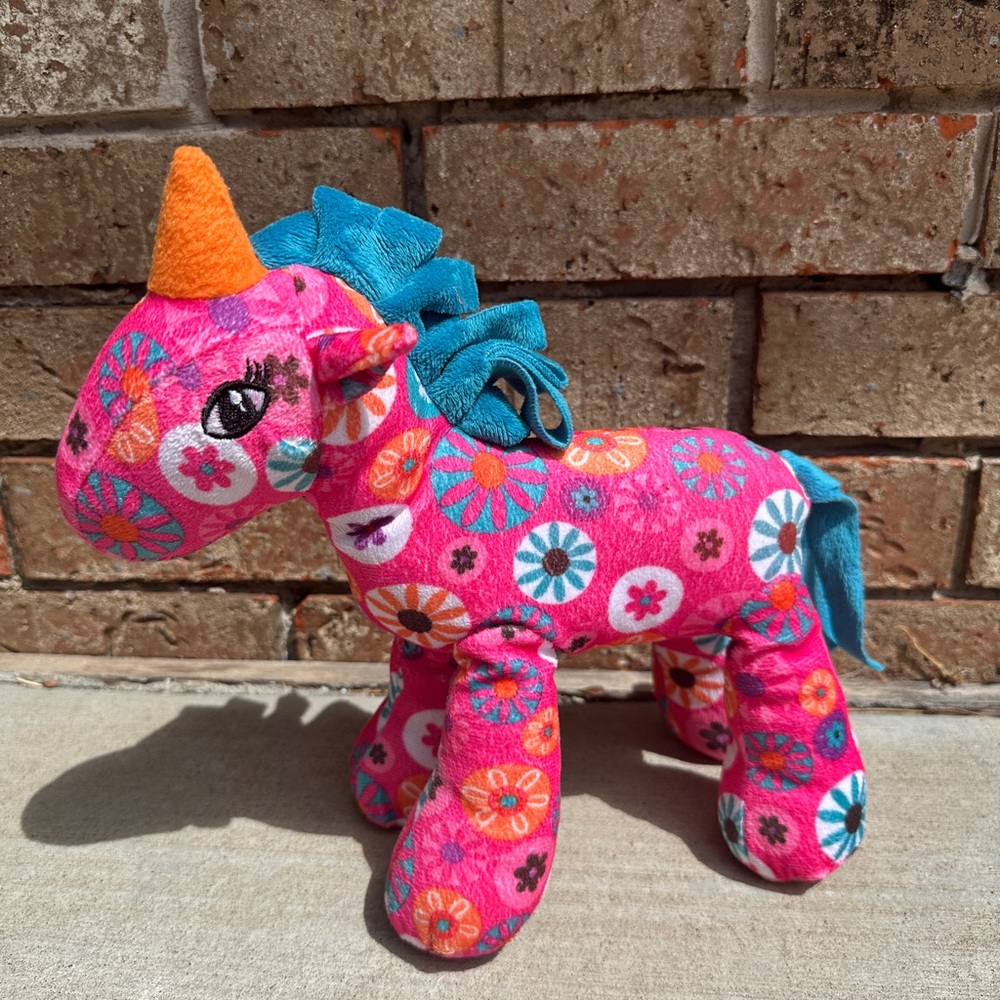 National Entertainment Network Pink Hippie Floral Horse Plush 13” Blue Mane